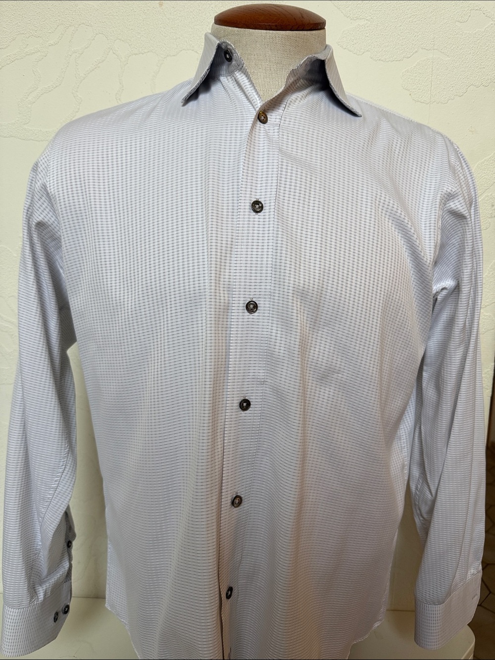 Bugatchi Uomo White Gray Textured Long-Sleeve Button Down Dress Shirt Size L